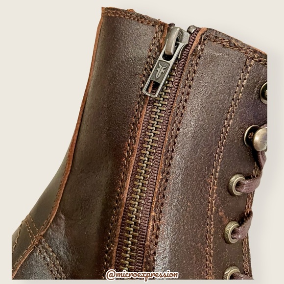 $528 Frye Sabrina Moto Brown Lace Up Leather Chunky Lug Heel Combat Ankle Bootie - Picture 11 of 15